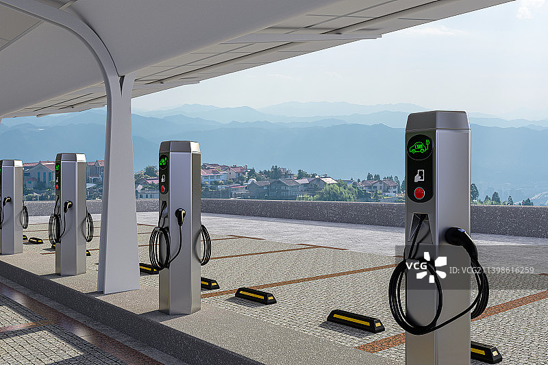 郊外的电动汽车充电站，C4D软件制作图片素材