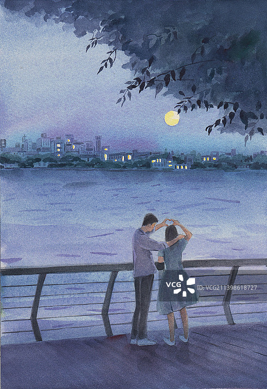 情侣插画月亮夜晚大海蓝色手绘水彩插画图片素材