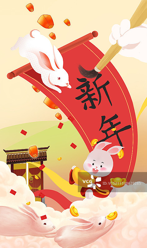 中国风新中式2023年兔年兔子可爱卯兔拜年新年新春春节插画图片素材