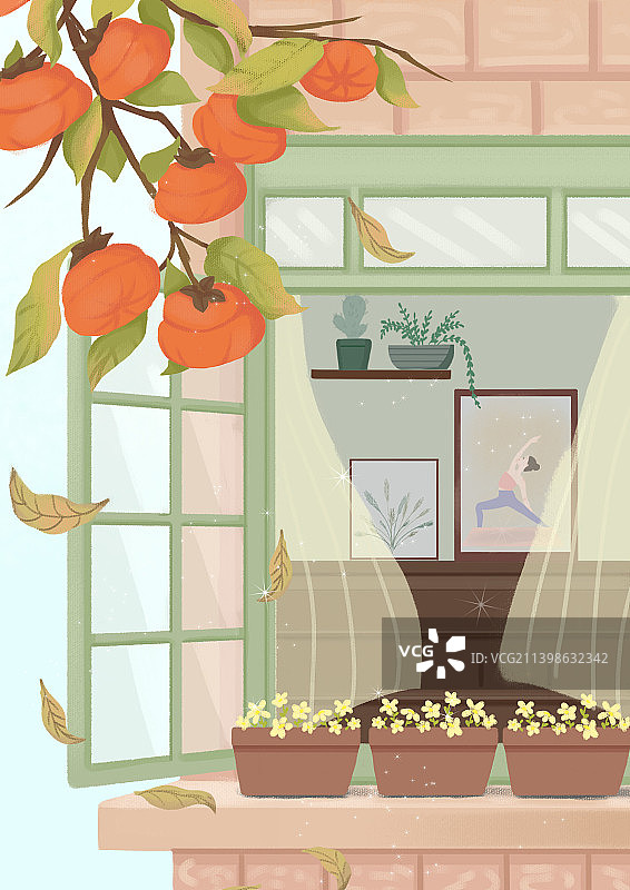 扁平肌理家居插画秋天柿子落叶窗台风景插画图片素材
