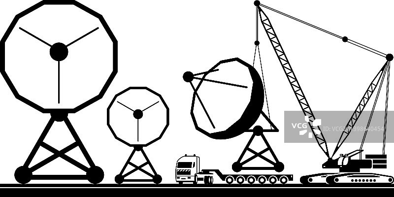 起重机从拖拉机卡车上吊起卫星天线图片素材