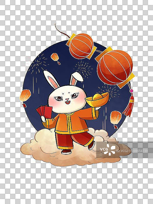 2023年兔年吉祥物兔子灯笼金元宝红包孔明灯元素图片素材