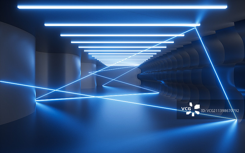 发光的霓虹线条与室内场景3D渲染图片素材