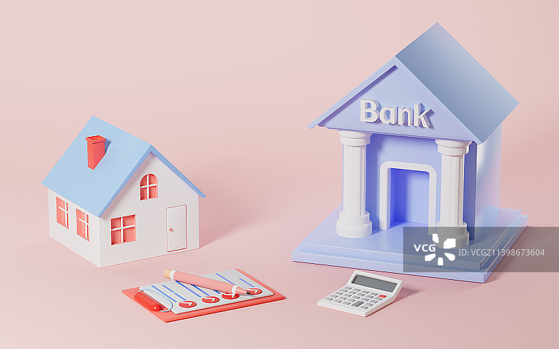 用房子向银行抵押贷款3D渲染图片素材
