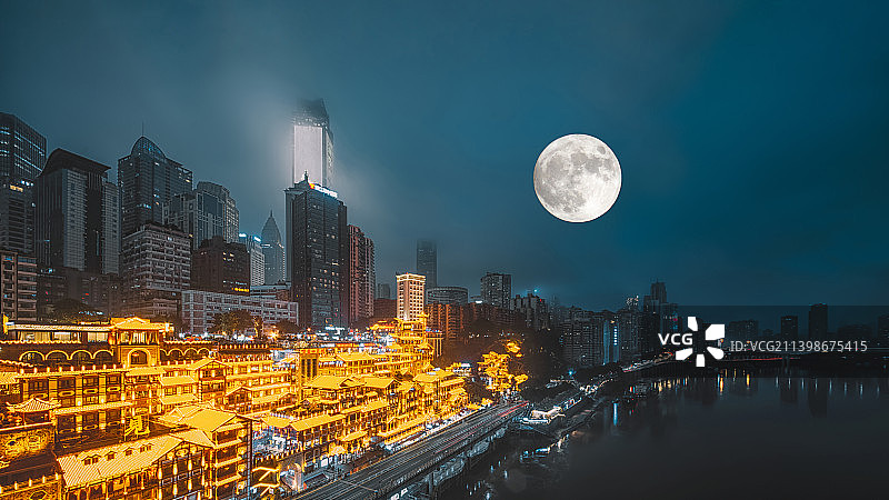 中秋节城市月圆夜景图片素材