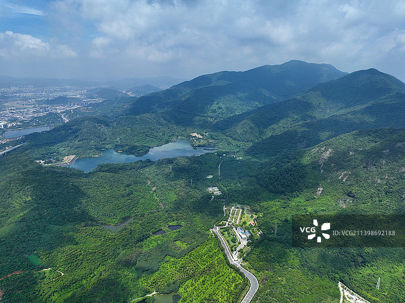 广东省东莞市清溪镇银瓶山森林公园清溪湖航拍图片素材