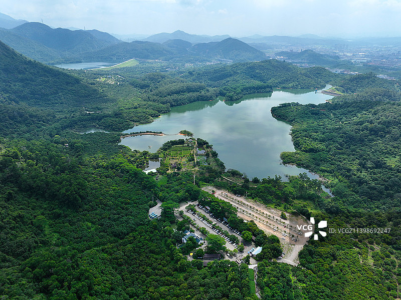 广东省东莞市清溪镇银瓶山森林公园三坑水库航拍图片素材