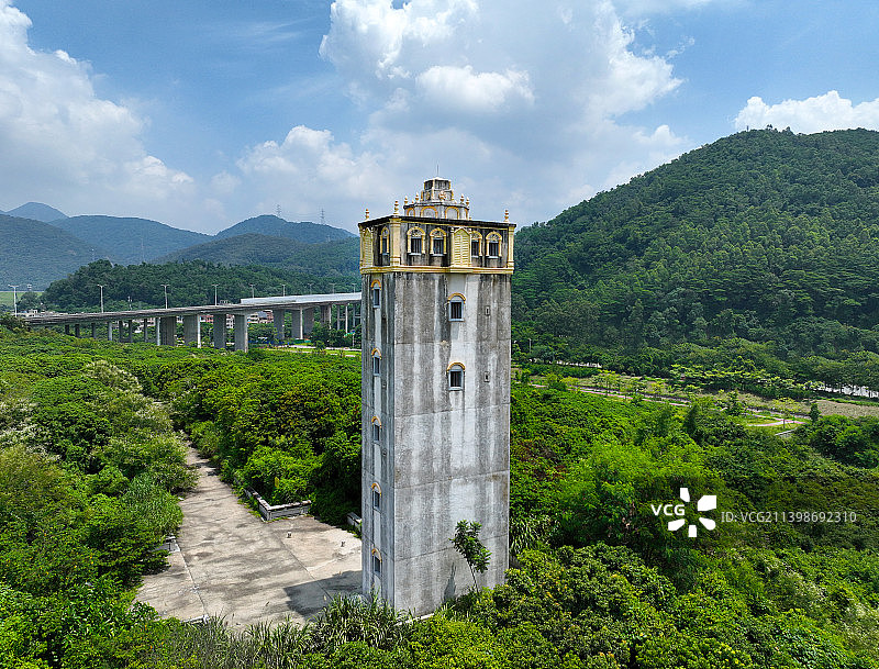 广东省东莞市清溪镇银瓶山森林公园清溪片区碉楼航拍图片素材