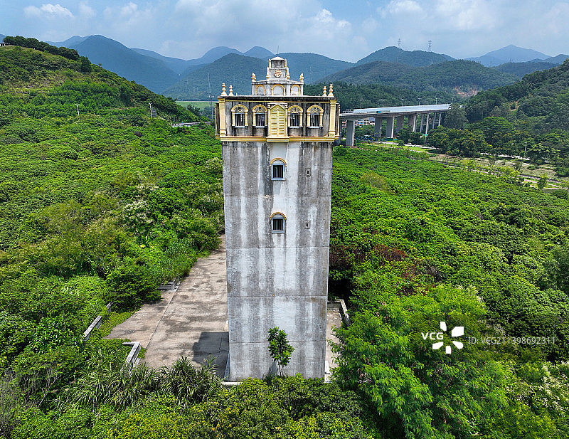 广东省东莞市清溪镇银瓶山森林公园清溪片区碉楼航拍图片素材