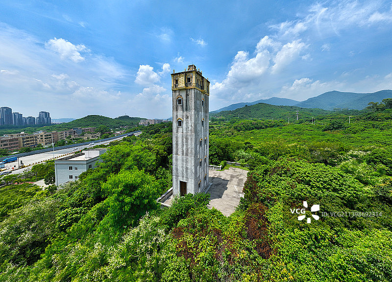 广东省东莞市清溪镇银瓶山森林公园清溪片区碉楼航拍图片素材