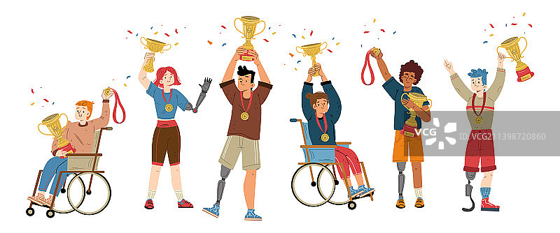 快乐的残奥会运动员与金牌奖杯图片素材