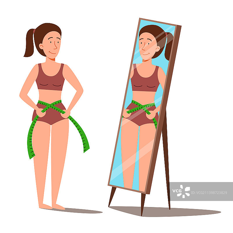 在镜子前量腰围的女孩图片素材