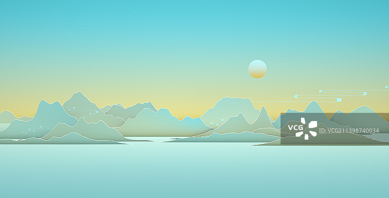 新中式千里江山图卷青绿山水插画三维图形图片素材