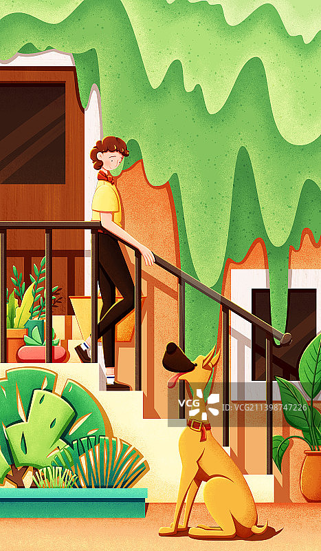 房门前女生和狗扁平插画图片素材