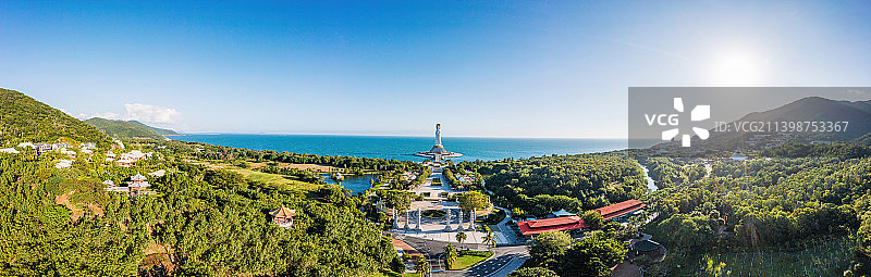 海南省三亚市天涯区南山文化旅游区南海观音 不二法门经幢柱 全景航拍图片素材