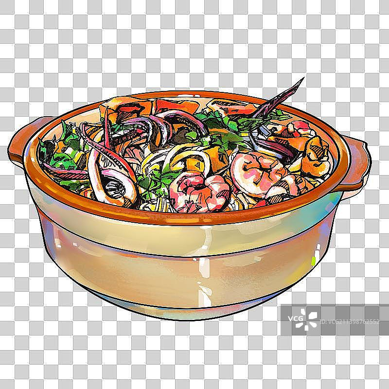 海鲜锅 虾 鱿鱼 沙茶面 海鲜面 美食手绘插画图片素材