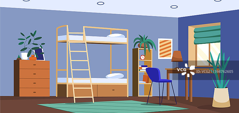 宿舍里的学生卧室，配有双层床和书桌图片素材
