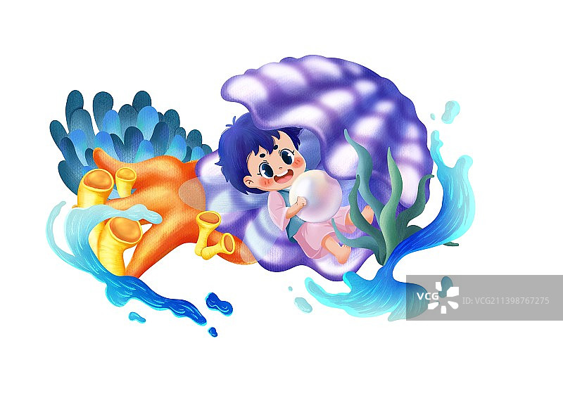 躺在贝壳里的蓝发少年图片素材