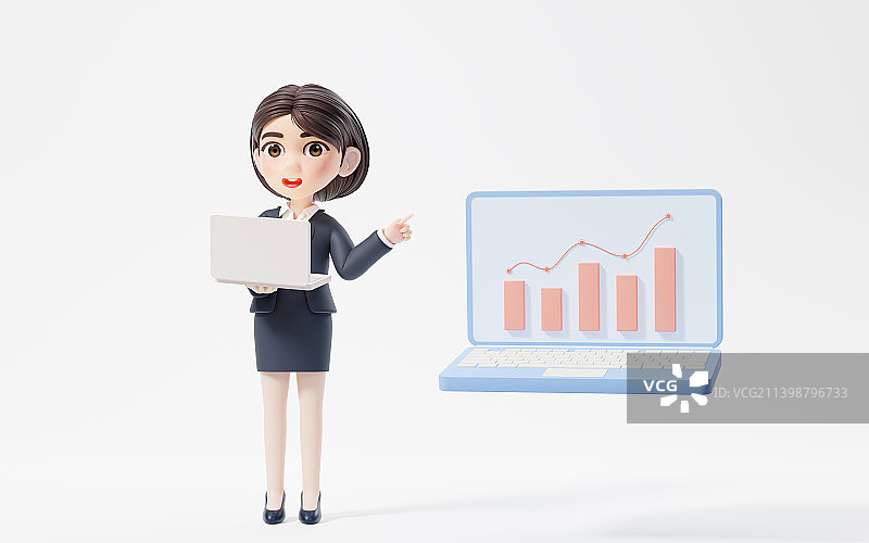 卡通商务女性与理财概念3D渲染图片素材