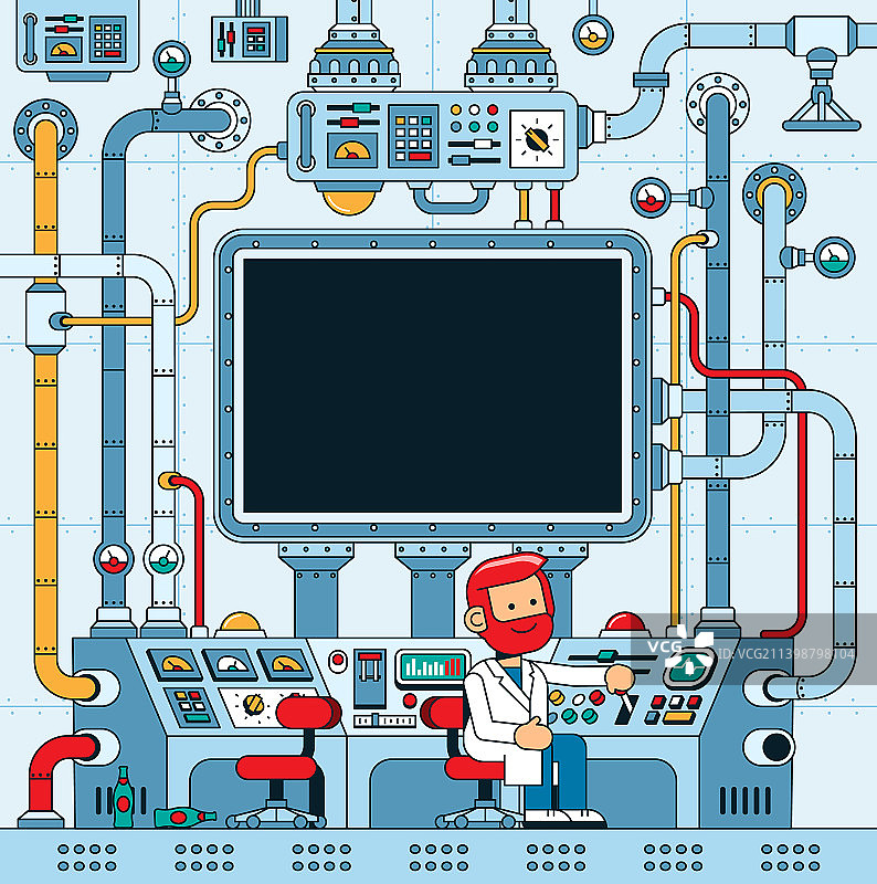 在带有仪表板面板的控制室中的科学家图片素材