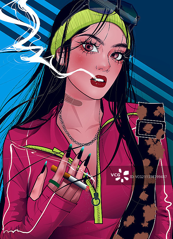 蓝色背景运动风摆pose直面视角正面视角潮酷长发女孩黑头发女孩插画图片素材