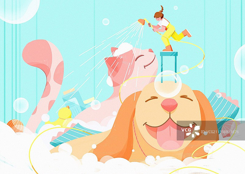 青年女人给宠物洗澡图片素材