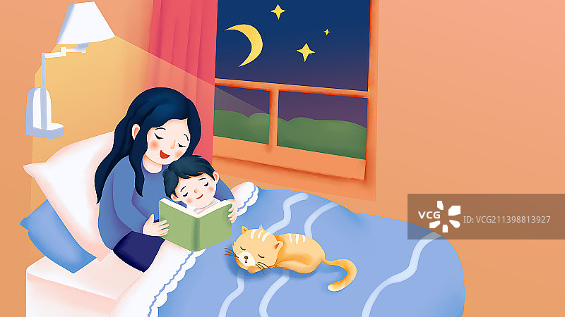 年轻妈妈给孩子读睡前故事图片素材