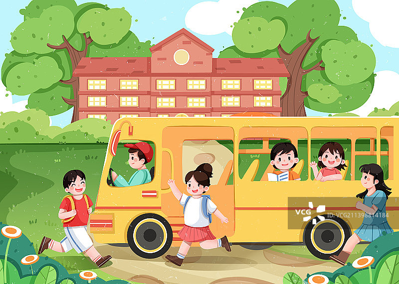 乘坐校车的小学生图片素材