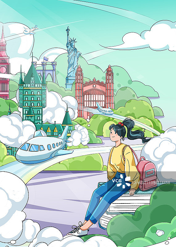 青年女孩留学插画图片素材