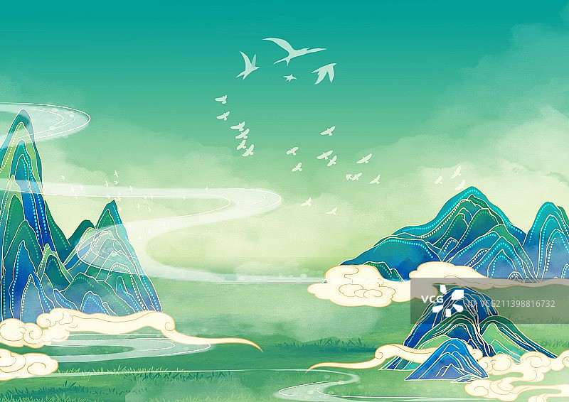 国风远山插画背景图片素材