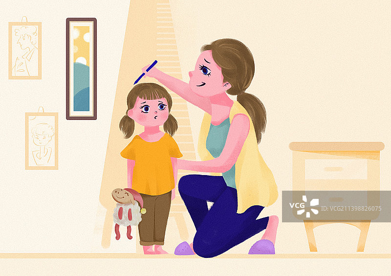 扁平风父母给小孩测量身高图片素材