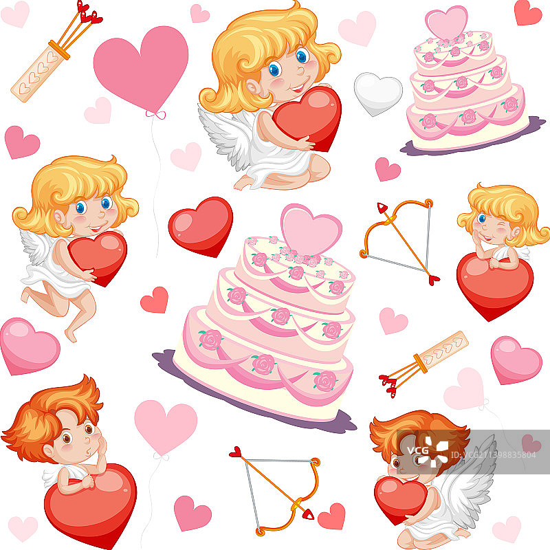小丘比特和爱心无缝图案图片素材