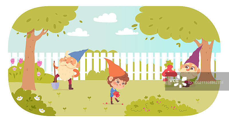 可爱小矮人使用园艺工具采摘浆果图片素材