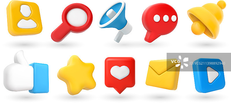 社交媒体3D图标：通知铃铛和点赞图片素材