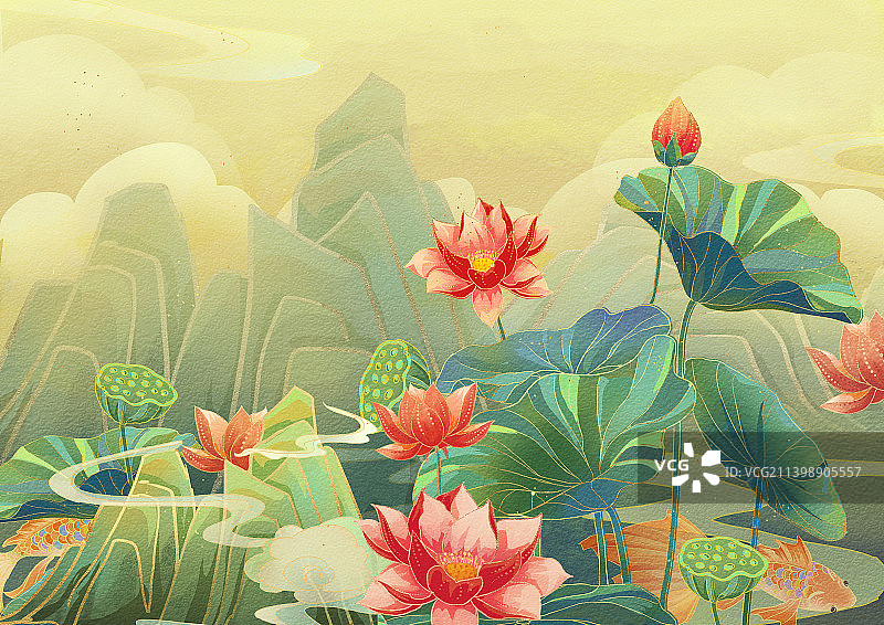 国风国潮荷花插画背景图片素材