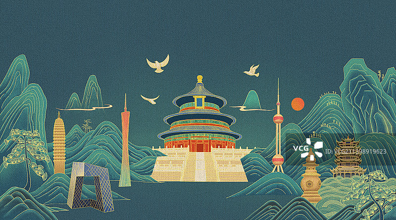 中国风国潮风中国城市地标建筑，国庆中秋春节新年传统文化节日天坛三潭映月黄鹤楼千寻塔东方明珠广州电视塔图片素材