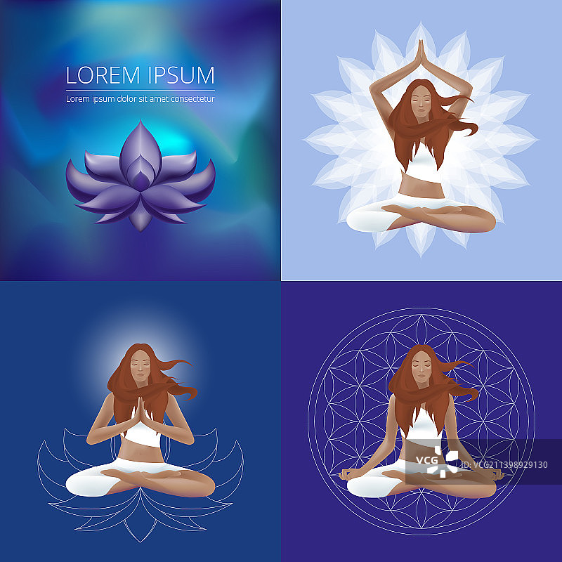 年轻女人莲花坐姿与符号图片素材