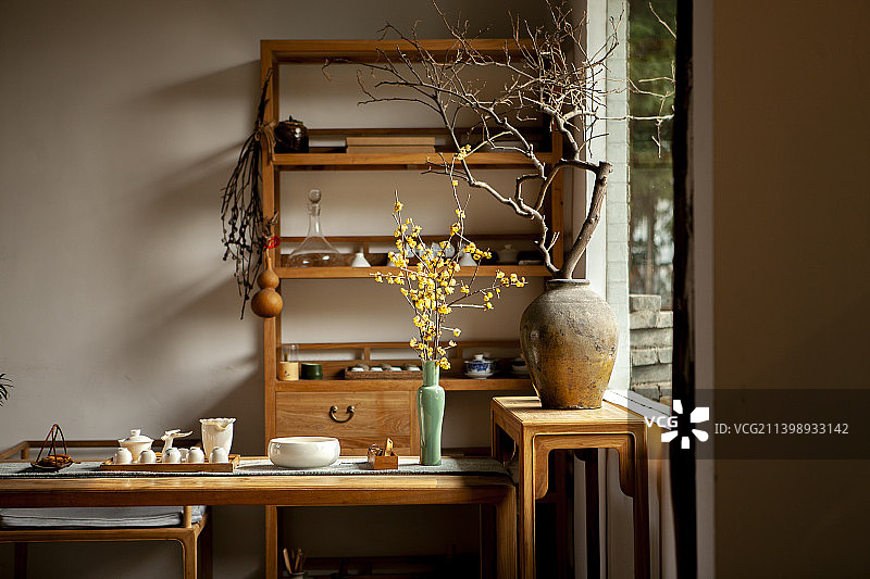 2022年1月，四川省成都市崇州市道明竹艺村，书房，茶文化，茶道，茶艺，农家乐，室内布置，中式院落，图片素材