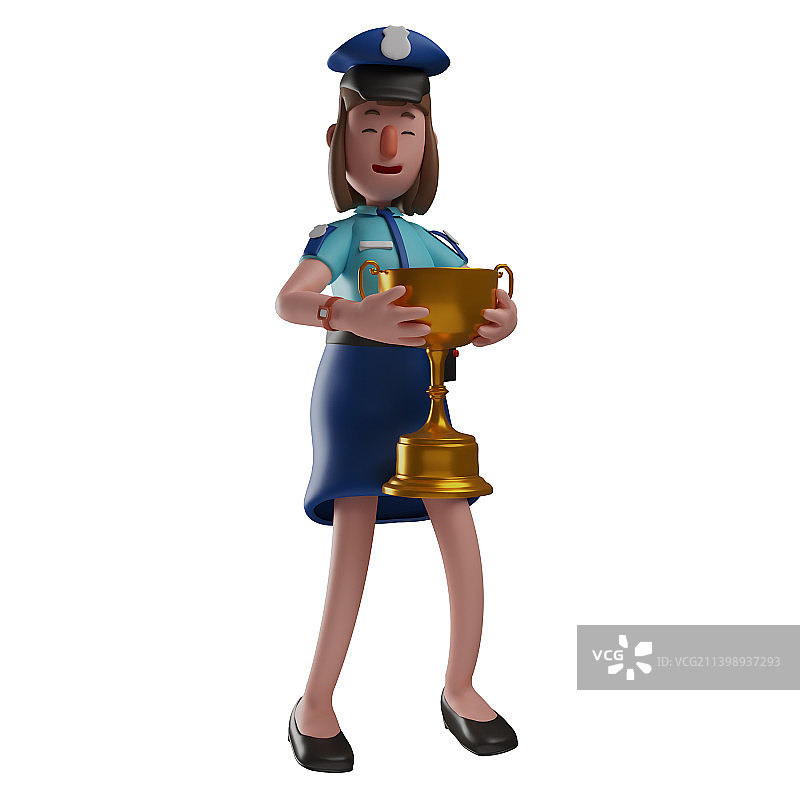 手持奖杯的3D卡通女警图片素材