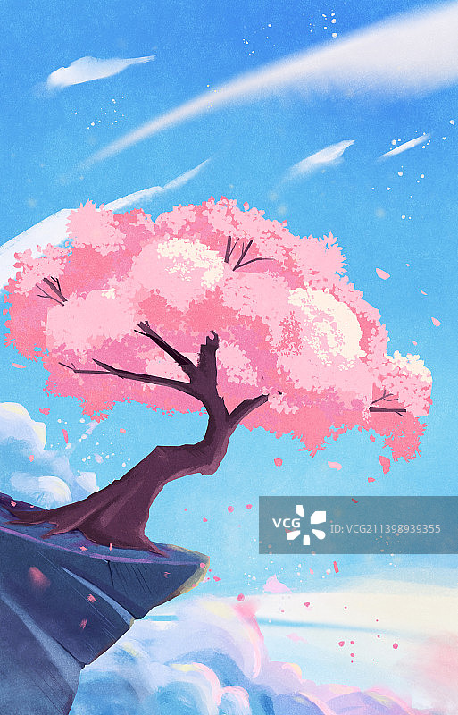 治愈系植物插画-手绘粉色樱花树图片素材