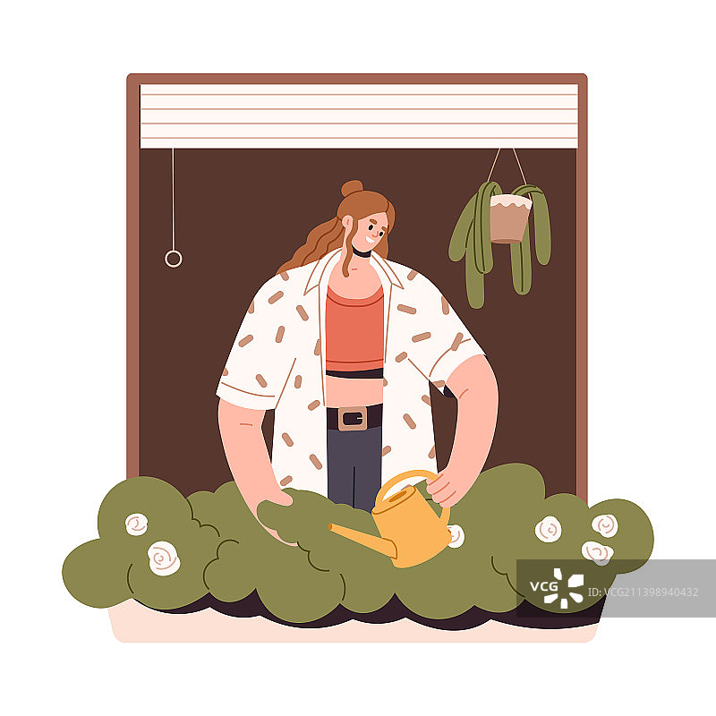 快乐女人在窗台上给盆栽植物浇水图片素材