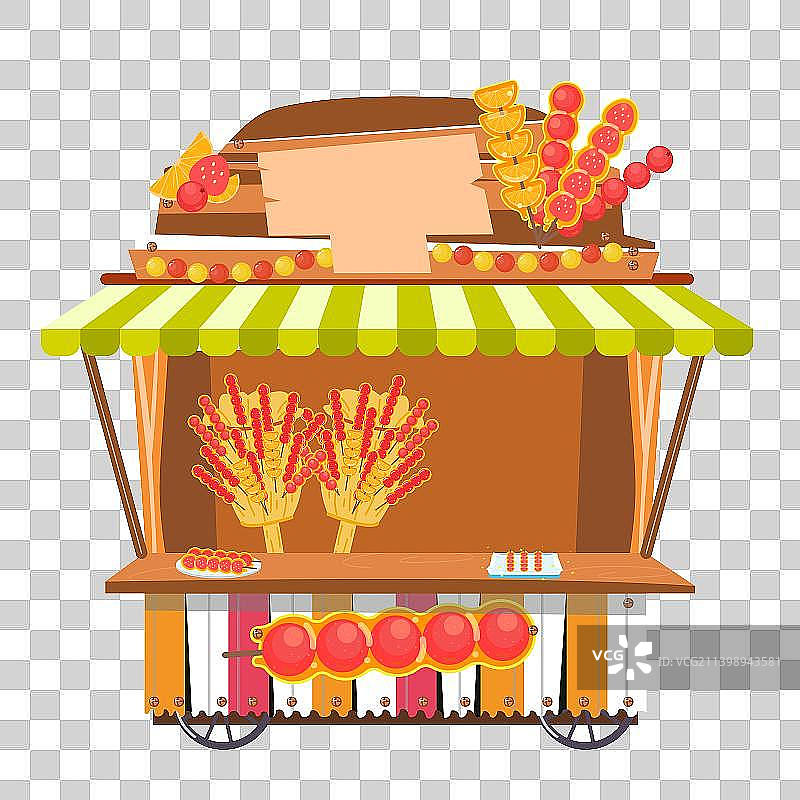 老北京冰糖葫芦水果橘子草莓山楂小推车摆摊摊位小商贩矢量插画图片素材