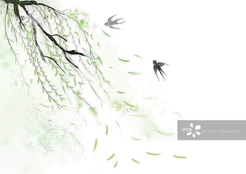 清明节牧童乡村柳树杨柳燕子春天黄牛田地下雨雨天雨水春分雨水惊蛰春天季节节日节气水墨国潮中国画图片素材