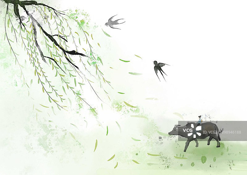 清明节牧童乡村柳树杨柳燕子春天黄牛田地下雨雨天雨水春分雨水惊蛰春天季节节日节气水墨国潮中国画图片素材