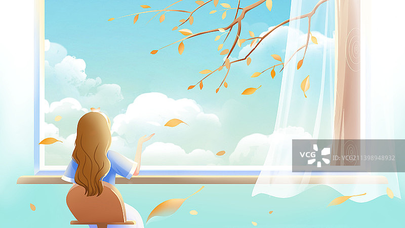 秋天，少女坐在窗边欣赏枫叶慢慢飘落，蓝色唯美卡通秋季插画图片素材