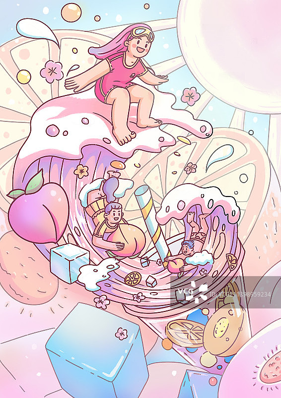 夏日出桃，奶茶商业插画图片素材