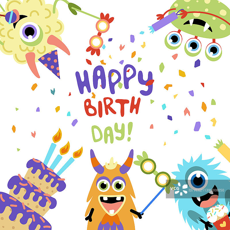生日贺卡：怪兽与大蛋糕图片素材