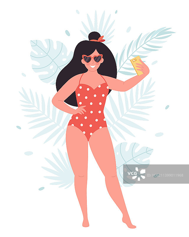 戴复古眼镜和泳衣自拍的女人图片素材