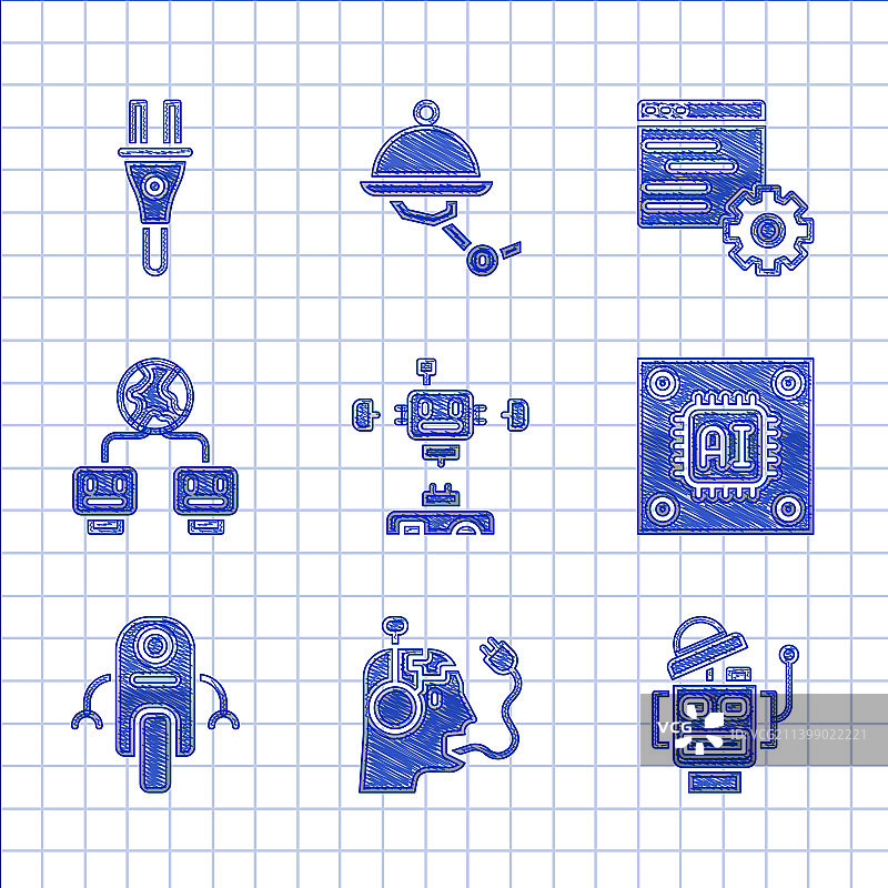 拆卸的机器人和充电电池套装图片素材