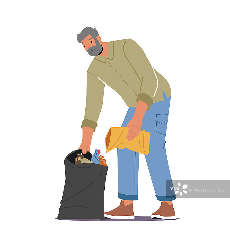 清理垃圾的老年男性志愿者角色图片素材